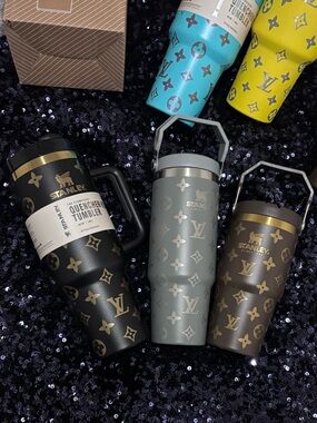 Stanley Black, Gray & Brown Monogram Stainless Tumblers - Gold Accents
